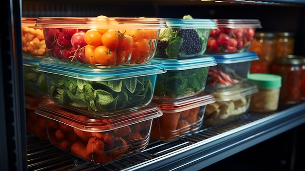 Behälter mit unterschiedlichem Gemüse auf einem Holztisch im Kühlschrank