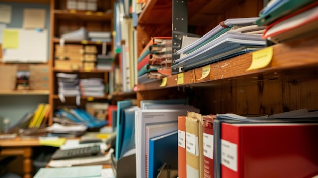 Un behind-the-scenes en una oficina de vendedores con estantes llenos de libros de investigación de la industria y