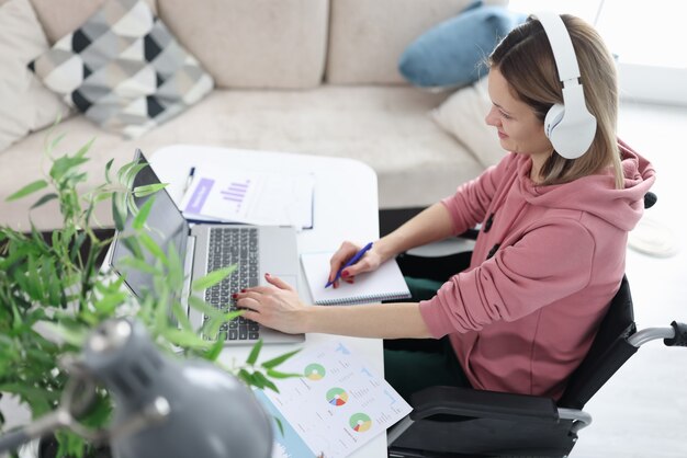 Behinderte Frau im Rollstuhl, die am Laptop arbeitet. Fernarbeitskonzept