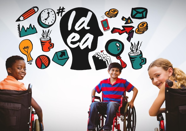 Behinderte Kinder im Rollstuhl mit bunten Ideengrafiken