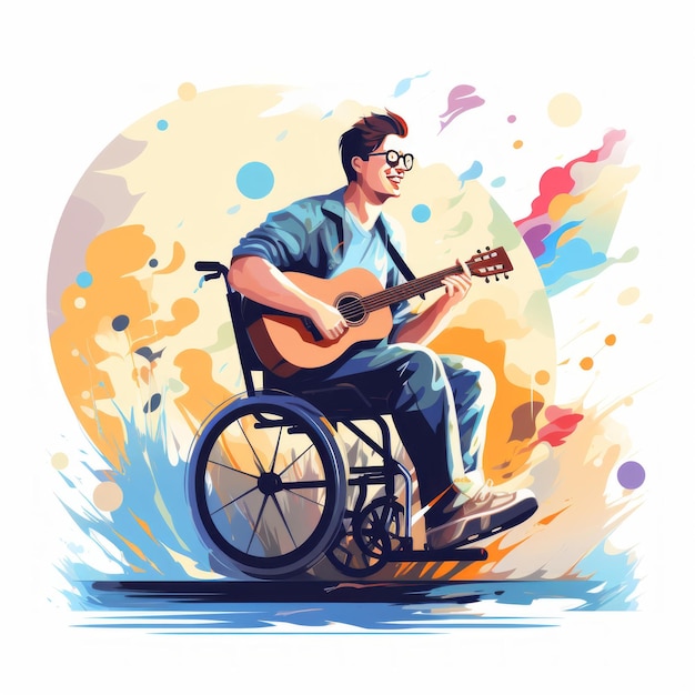 Behinderte Menschen im Rollstuhl spielen Musikinstrumente