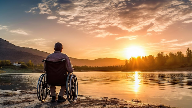 Behinderter behinderter Mann hat eine Hoffnung. Er sitzt im Rollstuhl und streckt bei Sonnenuntergang die Hände aus Generative Ai