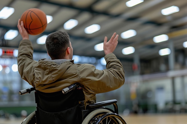 Foto behinderter mann im rollstuhl spielt basketball auf einem indoor-basketballplatz