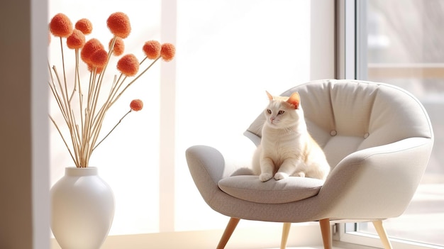Bei dem Fenster sitzt eine Katze auf einem Stuhl neben einer Vase