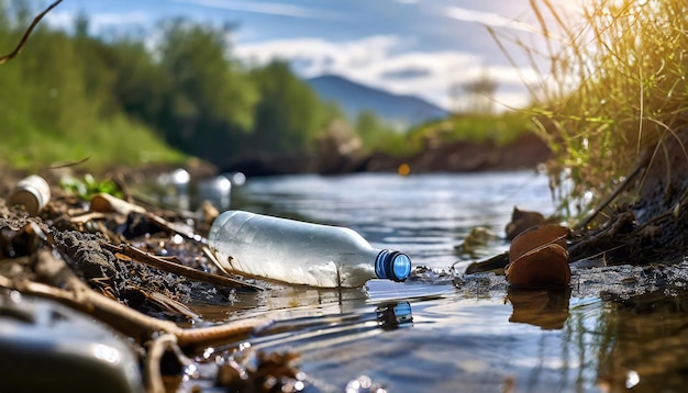 bei der Verschmutzung des Wassers mit Müll im Fluss