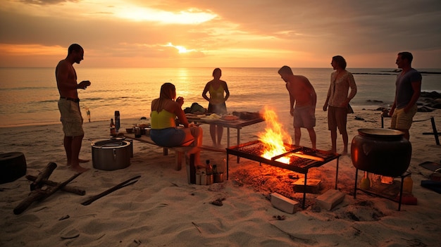 Foto bei einem barbecue am strand in der tropischen region the generative ai versammeln sich die gäste um einen rauchigen grill