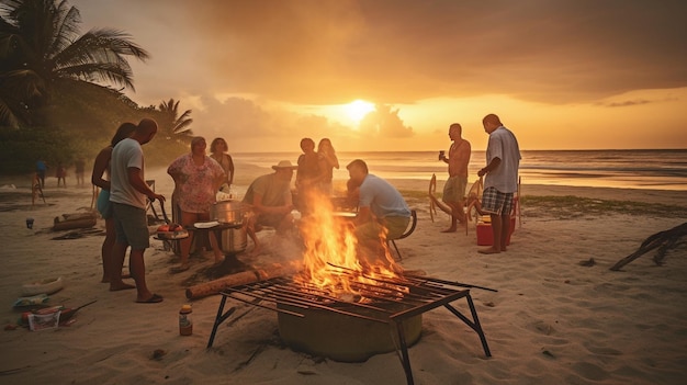 Bei einem Barbecue am Strand in der tropischen Region The Generative AI versammeln sich die Gäste um einen rauchigen Grill