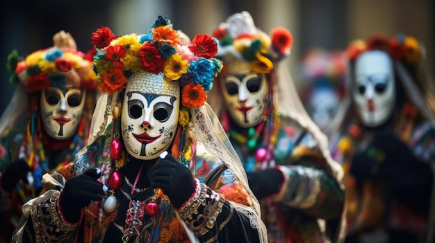 Bei einem Karneval werden ein paar Masken ausgestellt.