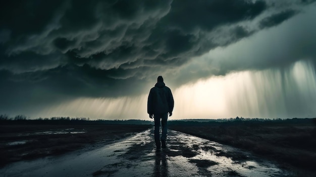 Bei schlechtem Wetter und regnerischem Himmel stößt eine Person auf Schwierigkeiten bei der generativen KI