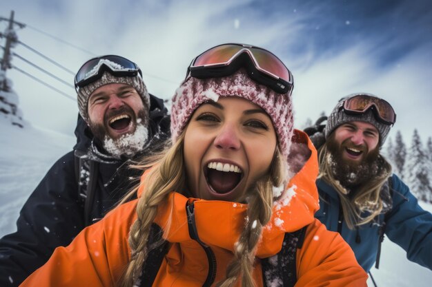 Bei schneebedecktem Winterski-Saison freuen sich Snowboarder über Selfies im Winter