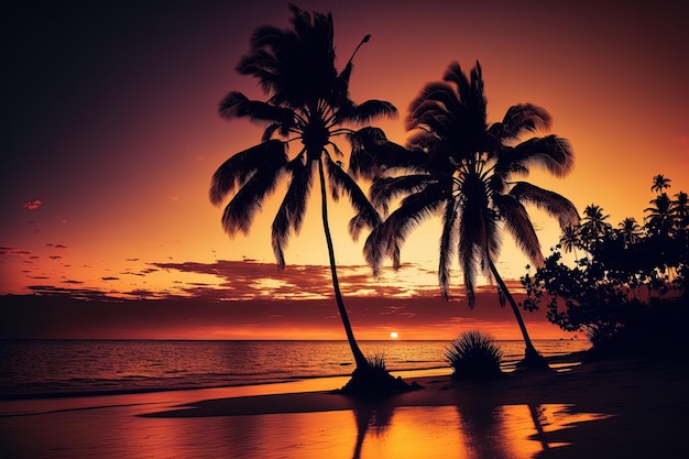 Bei Sonnenuntergang eine Kokospalme am Meer