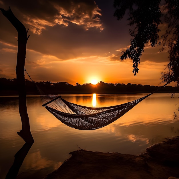 Bei Sonnenuntergang hängt eine Hängematte im Wasser.