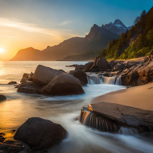 Bei Sonnenuntergang ist an einem felsigen Strand ein Wasserfall zu sehen.