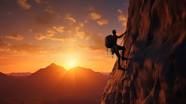 Bei Sonnenuntergang klettert ein Mann einen Berg und klettert eine Felswand