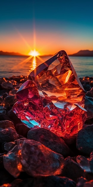 Bei Sonnenuntergang liegt ein Diamant am Strand.