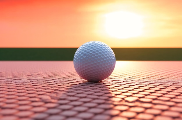 Bei Sonnenuntergang liegt ein Golfball auf dem Grün