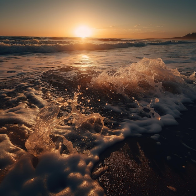 Bei Sonnenuntergang rollt eine Welle über den Strand.