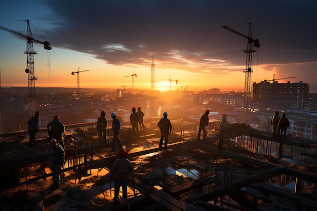 Bei Sonnenuntergang sind auf der Baustelle ein Kran und fleißige Arbeiter zu sehen