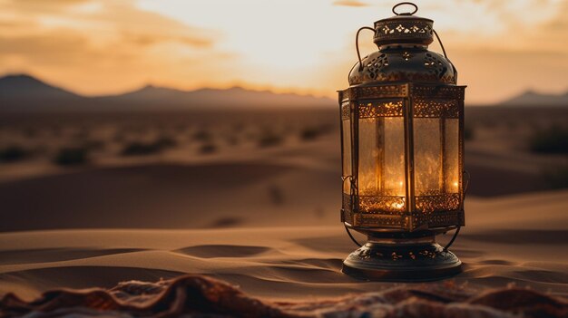 Bei Sonnenuntergang sitzt eine Laterne in der Wüste.