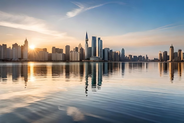 Bei Sonnenuntergang spiegelt sich die Skyline im Wasser.