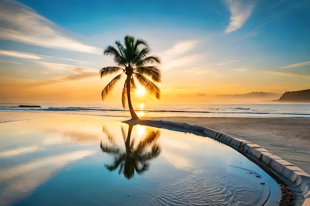 Bei Sonnenuntergang spiegelt sich eine Palme im Wasser.