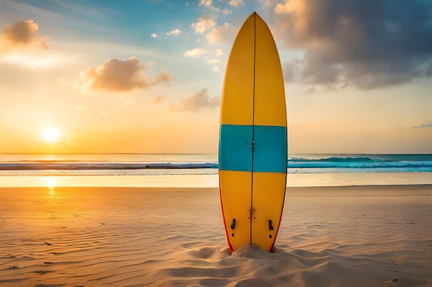 Bei Sonnenuntergang steht ein Surfbrett im Sand.