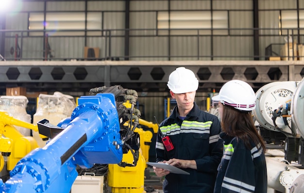 Beide Ingenieure arbeiten in einer Roboterarmfabrik zusammen. Roboterarmindustrie und -technik