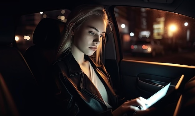 Beifahrerin scrollt während einer Autofahrt auf einem Tablet
