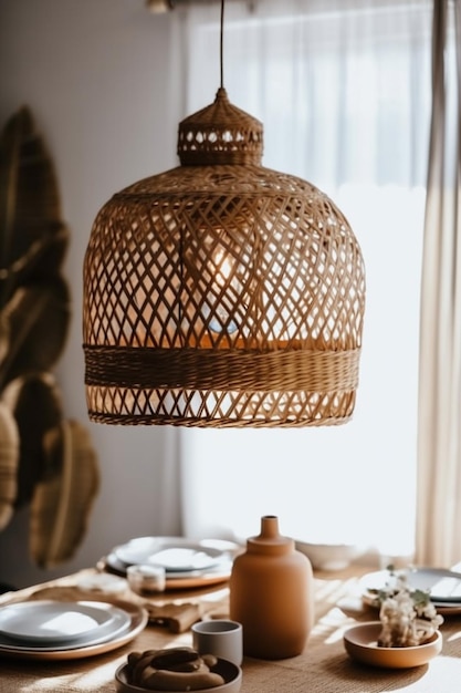Beige comedor ratán lámpara decoración muebles cocina habitación mesa estilo IA generativa