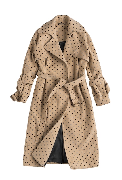 Beige Damen Trenchcoat in Tupfen auf weißem Hintergrund