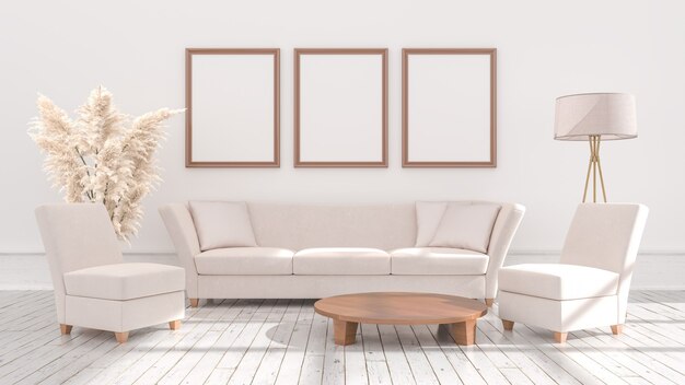 Foto beige interieur mit leerer wand in 3d-illustration