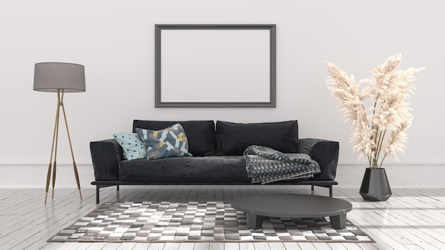 Beige Interieur mit leerer Wand in 3D-Illustration