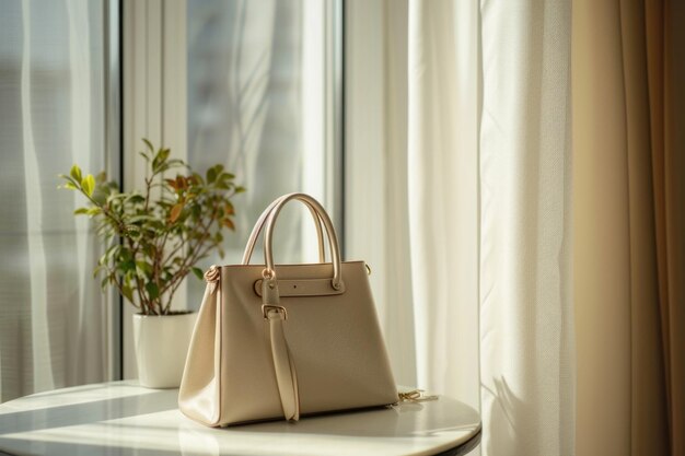 Beige Ledertasche für Frauen auf einem weißen Tisch Licht aus dem Fenster Konzept des ruhigen Luxus