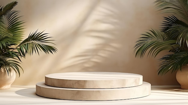 Beige Marmorpodium mit Palmenschatten-Hintergrund