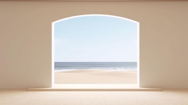 Beige moderno interior vacío con arena playa océano arco curvo fondo de pared en blanco para ilustración de presentación Ai generativo