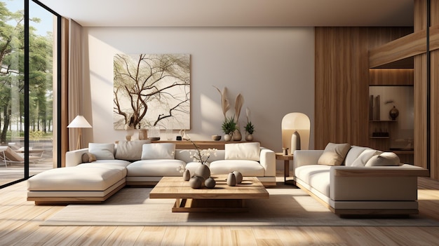 Beige Möbel im modernen Villa-Wohnzimmerdesign mit hellen Wänden und Hartholzböden