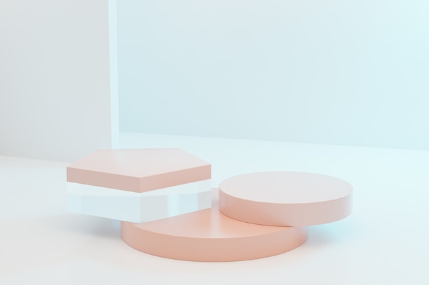 Beige Podien oder Sockel für Produkte auf pastellblauem Hintergrund, minimale 3D-Illustration rendern