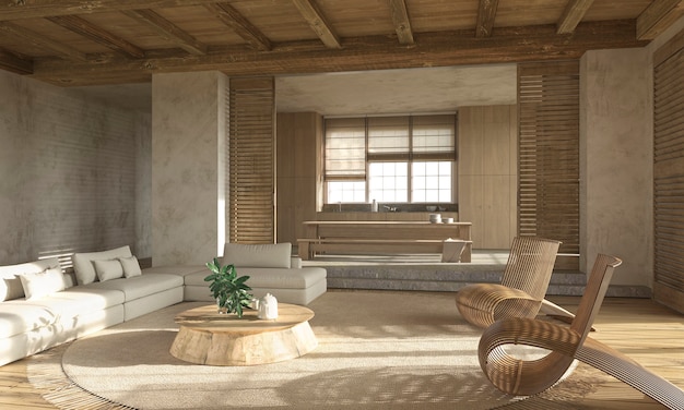 Beige Wohnzimmer im skandinavischen Landhausstil mit Holzmöbeln 3D-Render-Illustration