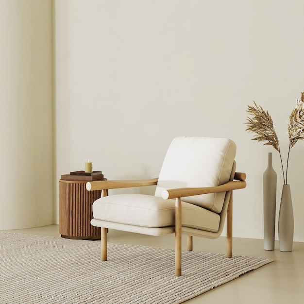 Foto beige zeitgenössisches minimalistisches interieur mit kurvigem wandsessel leerer wand kaffeetischteppich und dekor 3d-render-illustrationsmockup