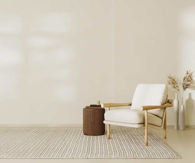 Foto beige zeitgenössisches minimalistisches interieur mit sessel, leerer wand, kaffeetisch und dekor 3d-render-illustrationsmockup