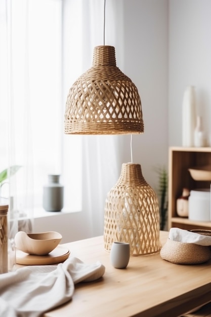 Beige Zimmer Esstisch Küche Rattan Lampe Stil Dekor Generative AI