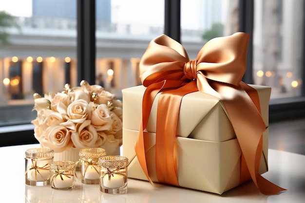 Beigefarbene Geschenkbox mit orangefarbenen Schleifen, cremefarbenen Rosen und Kerzen im Innenraum mit Blick auf die Stadt. Generative KI