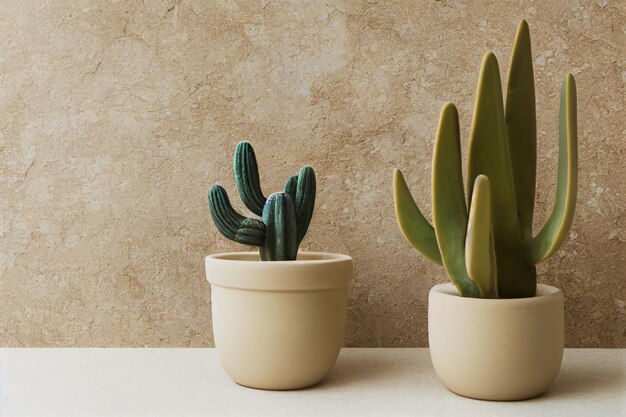 Beigefarbener Keramiktopf mit Kaktus auf Natursteinpodest auf beigem Hintergrund minimale Kopie