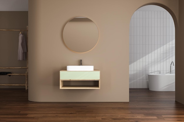 Beigefarbenes, minimalistisches Badezimmerinterieur mit Sonnenstrahlenschrank, ovalem Spiegelwaschbecken, weißer Badewanne. 3D-Rendering