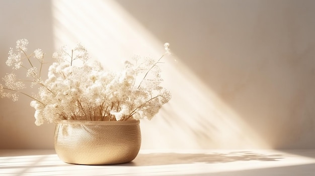 Beigegoldener Rattankorb aus Stahl mit Gypsophila-Blume mit Sonnenlicht