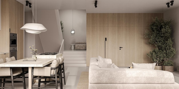 Beiger Wohnzimmerinnenraum mit Treppe, Deckenlampe, Holzpaneelen und Kücheninsel mit Panoramahintergrund
