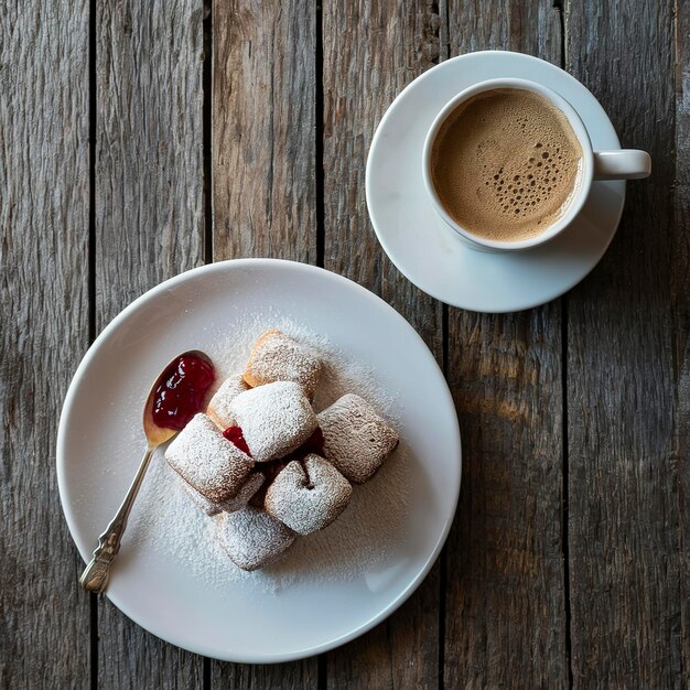 Foto beignets com açúcar em pó e geleia de framboesa com café