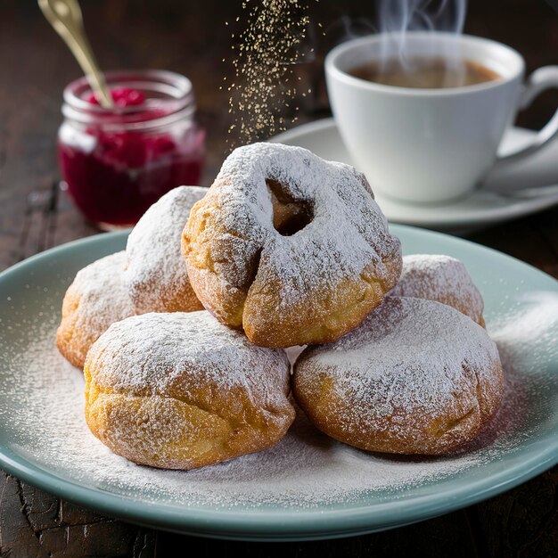 Foto beignets com açúcar em pó e geleia de framboesa com café