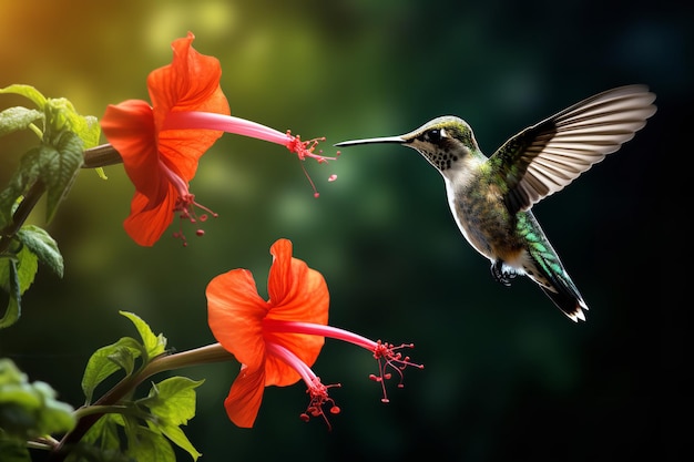 Beija-flor alimentando-se de flores vibrantes