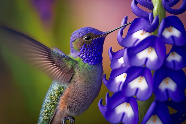 Beija-flor com uma flor roxa no bico